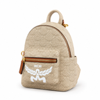 MCM Stark Mini Lauretos Backpack in Oatmeal Beige – Signature Monogram Coated Canvas with Large White Logo Print