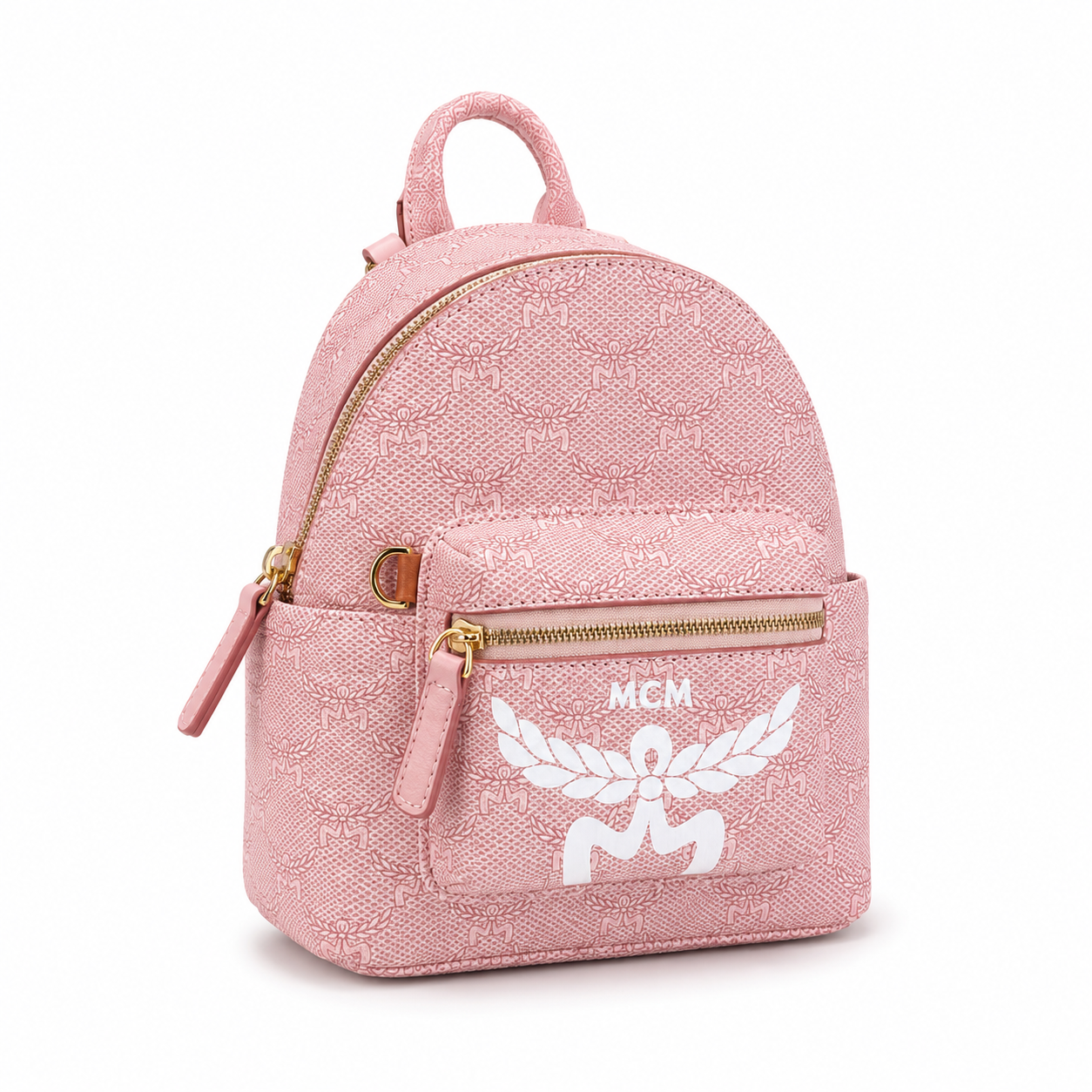 MCM Stark Mini Lauretos Backpack in Oatmeal Beige – Signature Monogram Coated Canvas with Large White Logo Print