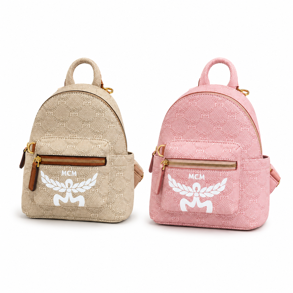 MCM Stark Mini Lauretos Backpack in Oatmeal Beige – Signature Monogram Coated Canvas with Large White Logo Print
