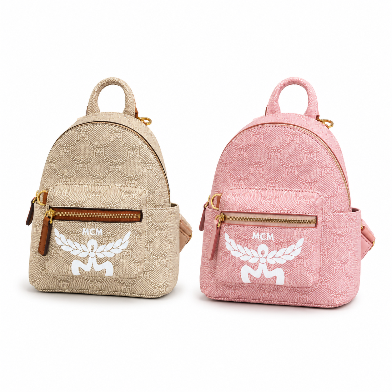 MCM Stark Mini Lauretos Backpack in Oatmeal Beige – Signature Monogram Coated Canvas with Large White Logo Print