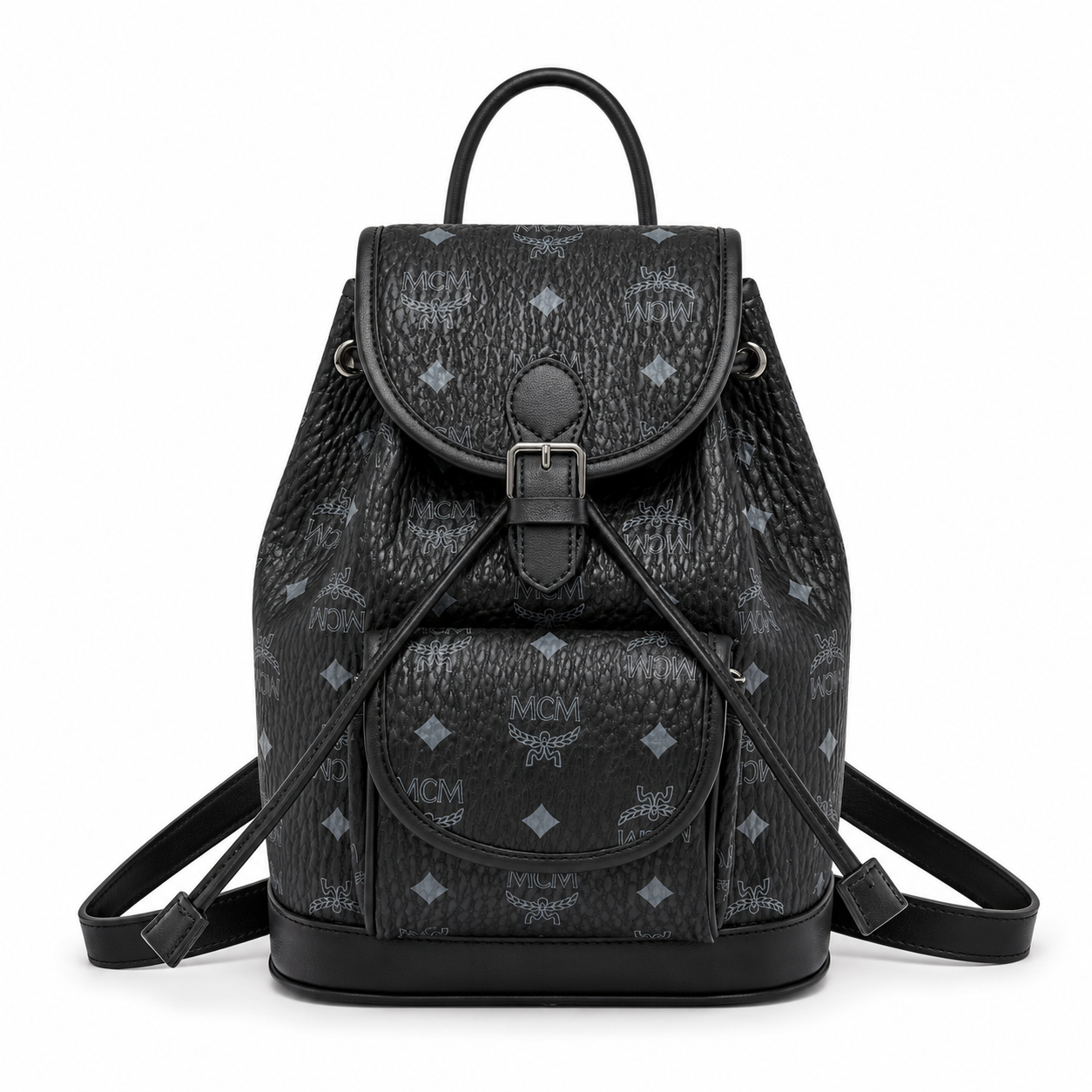 MCM Aren Visetos Drawstring Backpack in Black – Signature Monogram Coated Canvas Mini Rucksack with Leather Trim, 26x21.5x11cm