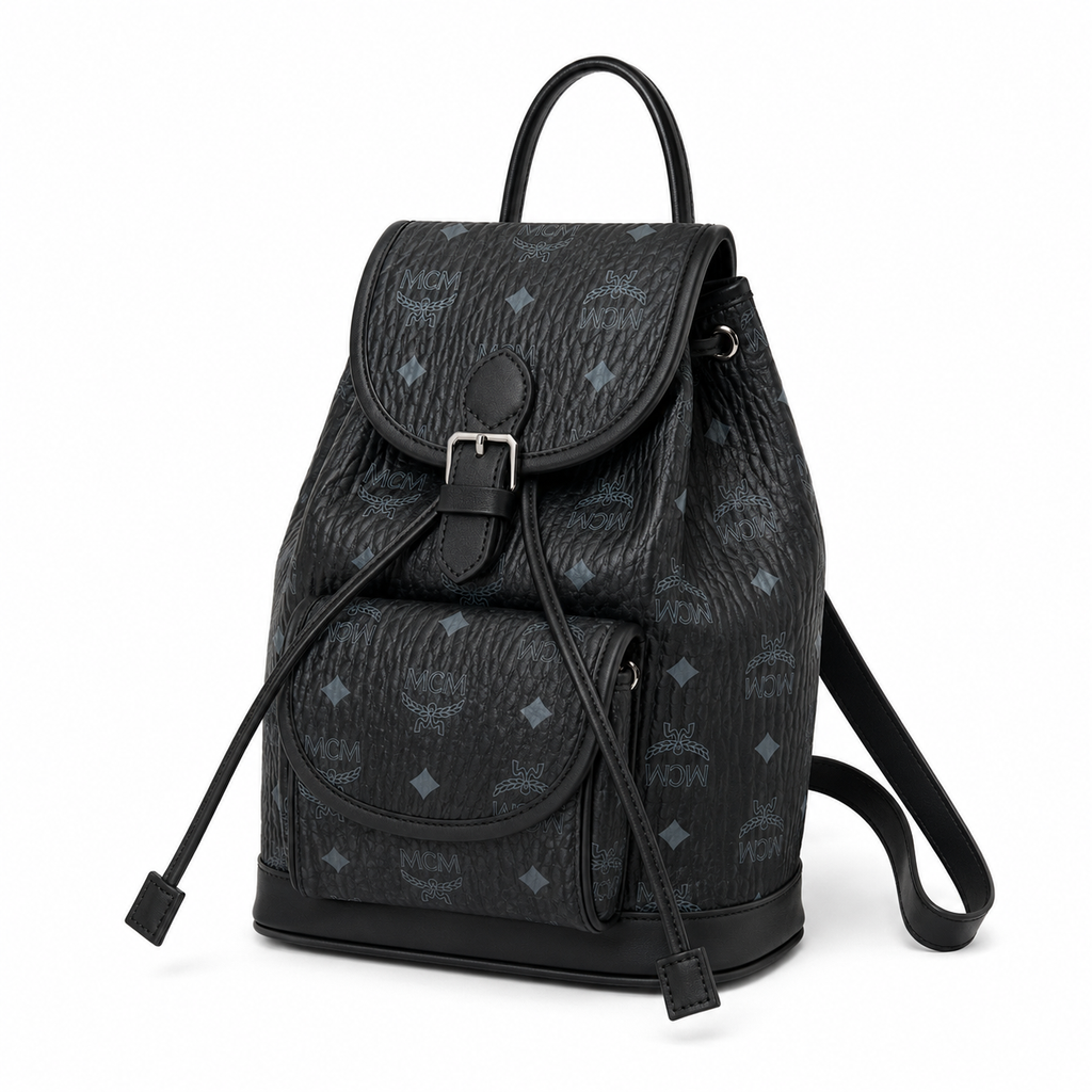 MCM Aren Visetos Drawstring Backpack in Black – Signature Monogram Coated Canvas Mini Rucksack with Leather Trim, 26x21.5x11cm