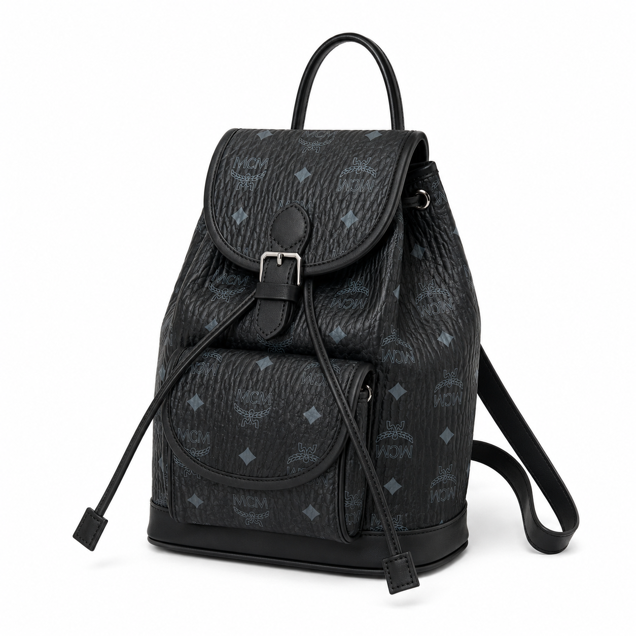 MCM Aren Visetos Drawstring Backpack in Black – Signature Monogram Coated Canvas Mini Rucksack with Leather Trim, 26x21.5x11cm