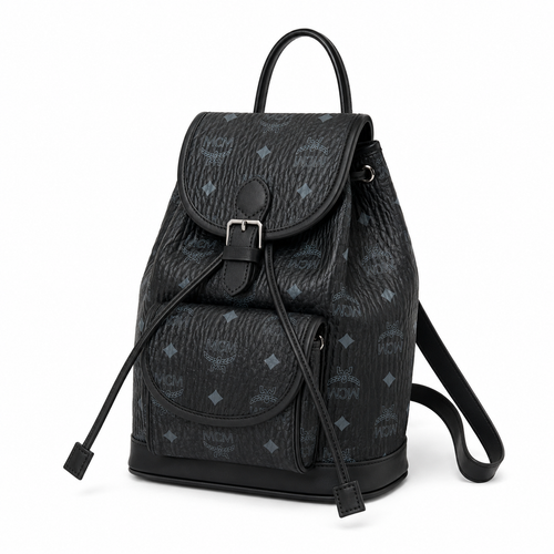 MCM Aren Visetos Drawstring Backpack in Black – Signature Monogram Coated Canvas Mini Rucksack with Leather Trim, 26x21.5x11cm