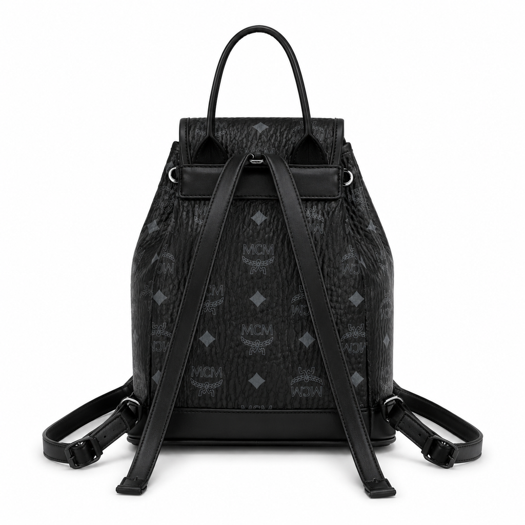MCM Aren Visetos Drawstring Backpack in Black – Signature Monogram Coated Canvas Mini Rucksack with Leather Trim, 26x21.5x11cm