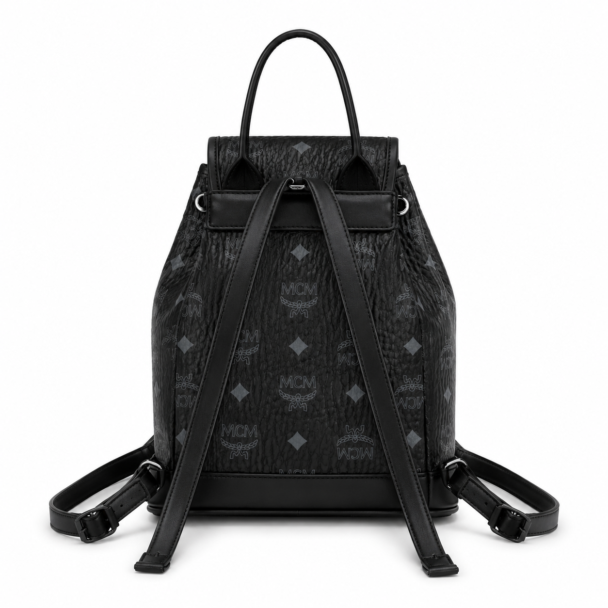 MCM Aren Visetos Drawstring Backpack in Black – Signature Monogram Coated Canvas Mini Rucksack with Leather Trim, 26x21.5x11cm