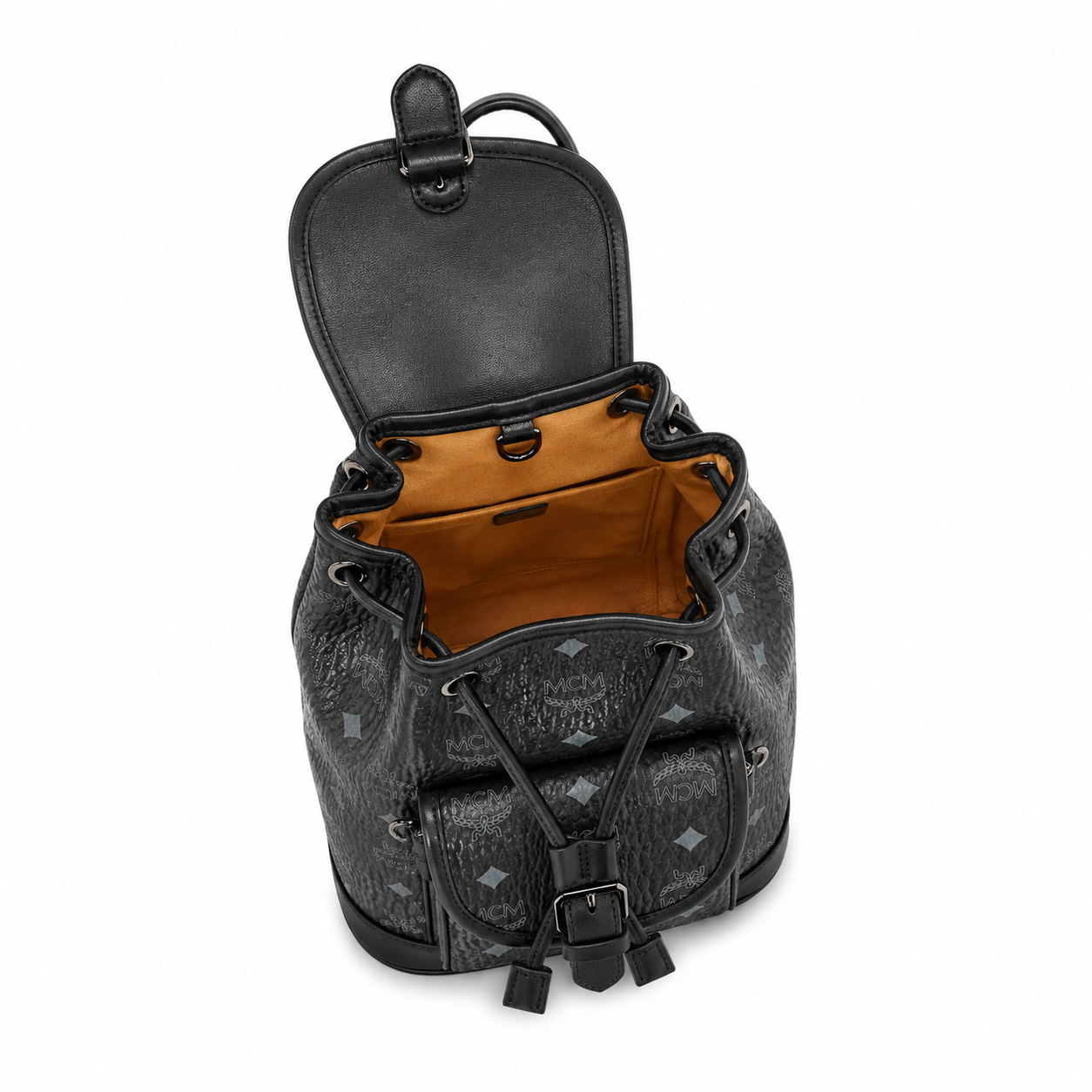MCM Aren Visetos Drawstring Backpack in Black – Signature Monogram Coated Canvas Mini Rucksack with Leather Trim, 26x21.5x11cm