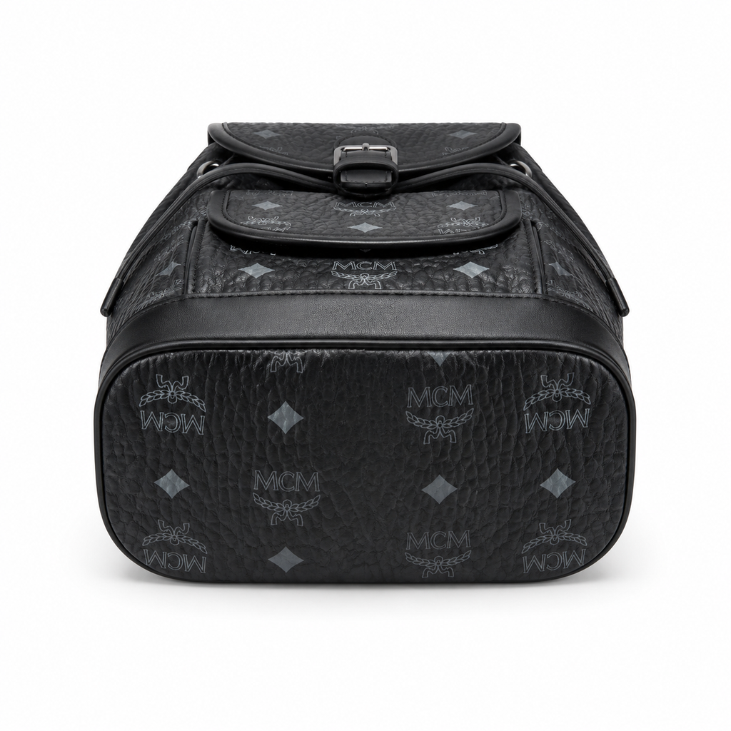 MCM Aren Visetos Drawstring Backpack in Black – Signature Monogram Coated Canvas Mini Rucksack with Leather Trim, 26x21.5x11cm