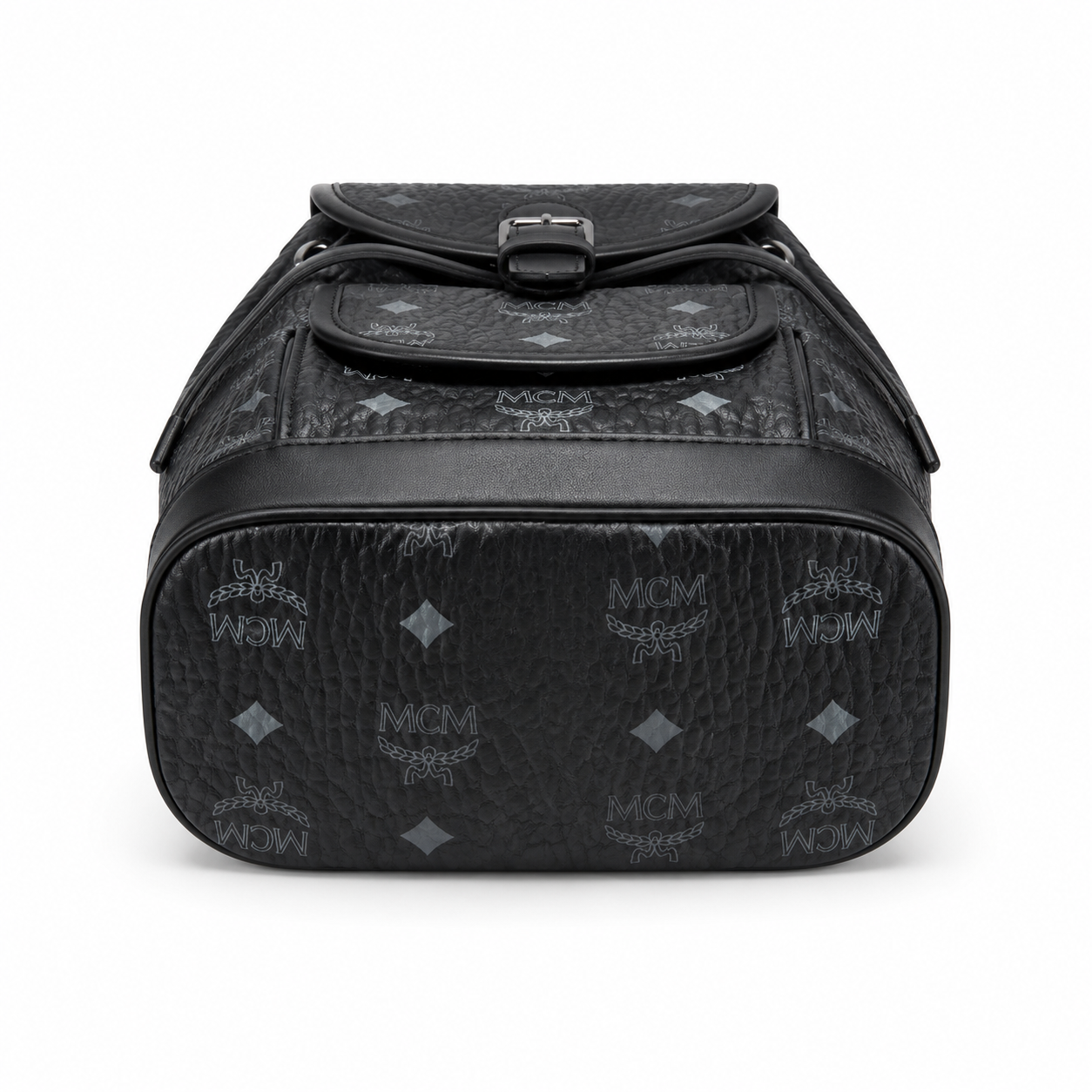 MCM Aren Visetos Drawstring Backpack in Black – Signature Monogram Coated Canvas Mini Rucksack with Leather Trim, 26x21.5x11cm