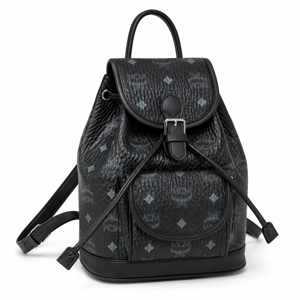 MCM Aren Visetos Drawstring Backpack in Black – Signature Monogram Coated Canvas Mini Rucksack with Leather Trim, 26x21.5x11cm