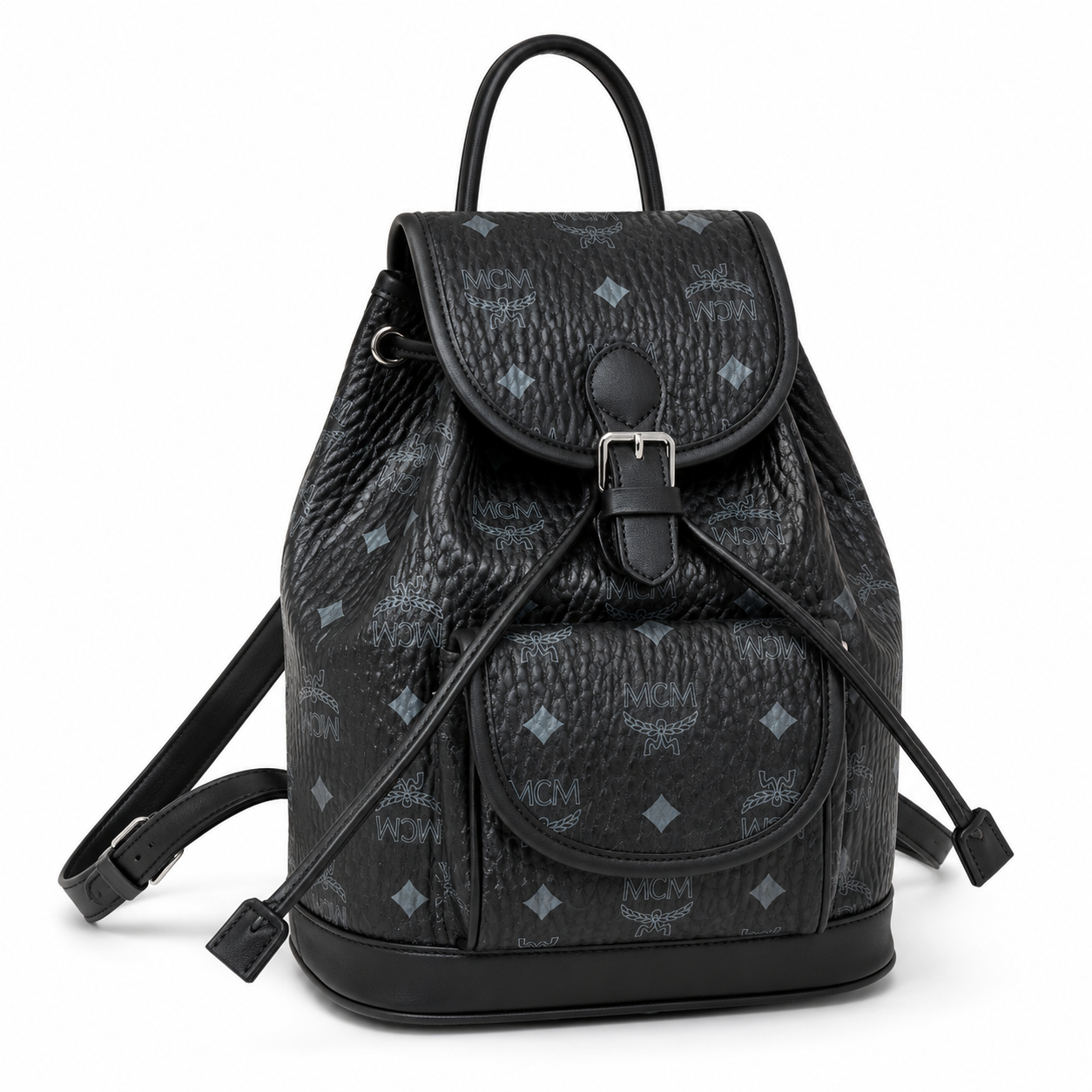 MCM Aren Visetos Drawstring Backpack in Black – Signature Monogram Coated Canvas Mini Rucksack with Leather Trim, 26x21.5x11cm