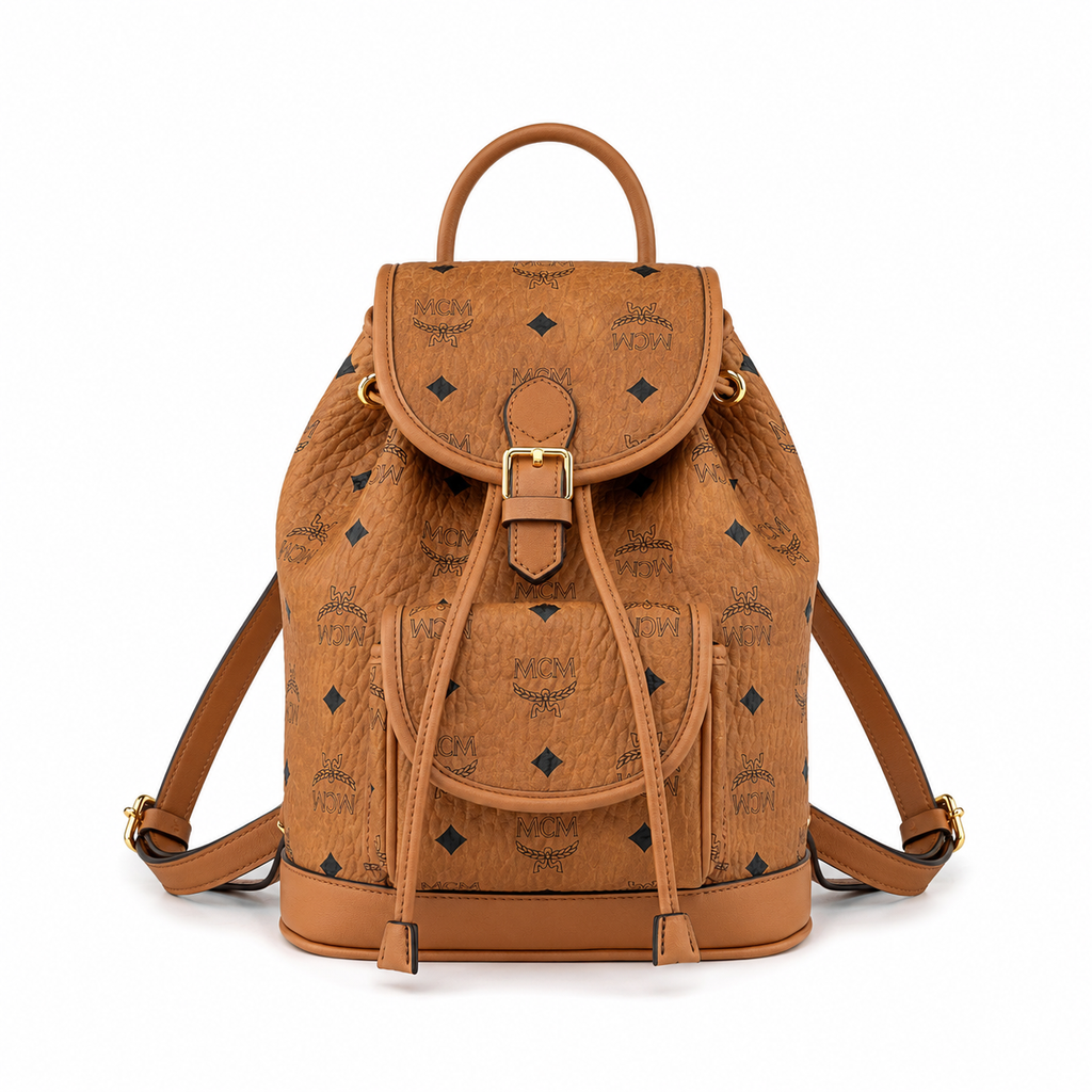 MCM Aren Visetos Drawstring Backpack in Cognac – Classic Monogram Coated Canvas Mini Rucksack with Leather Trim