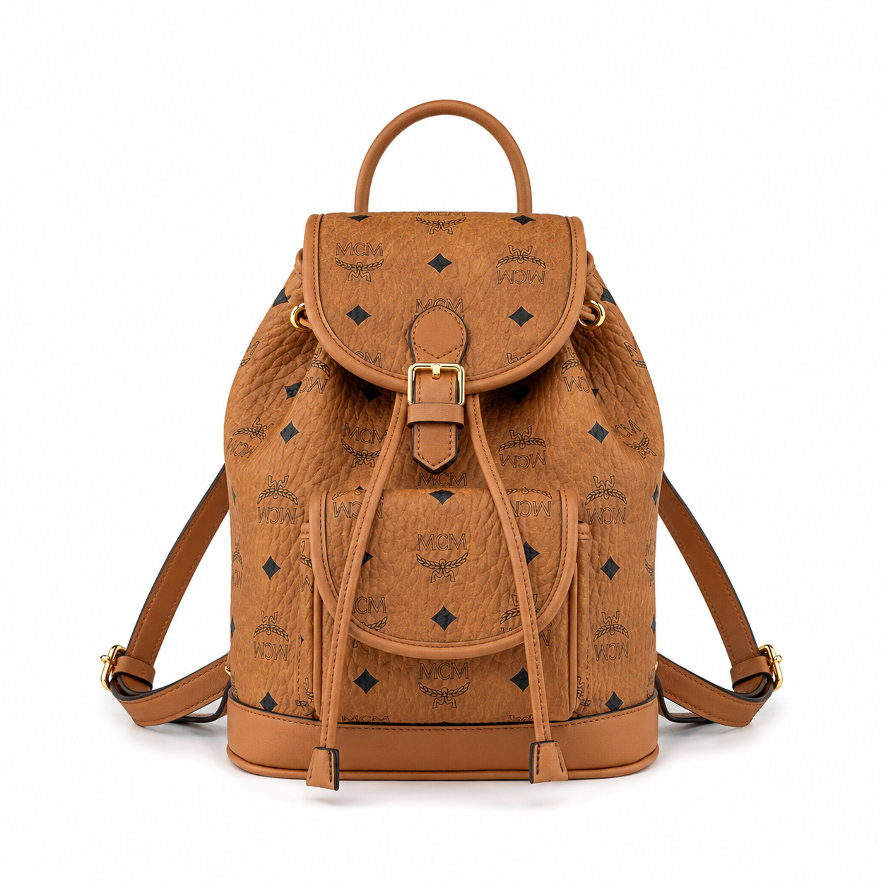 MCM Aren Visetos Drawstring Backpack in Cognac – Classic Monogram Coated Canvas Mini Rucksack with Leather Trim