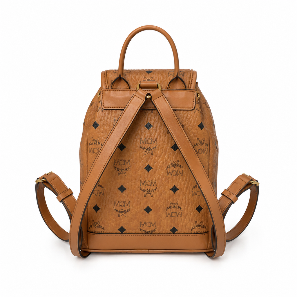 MCM Aren Visetos Drawstring Backpack in Cognac – Classic Monogram Coated Canvas Mini Rucksack with Leather Trim