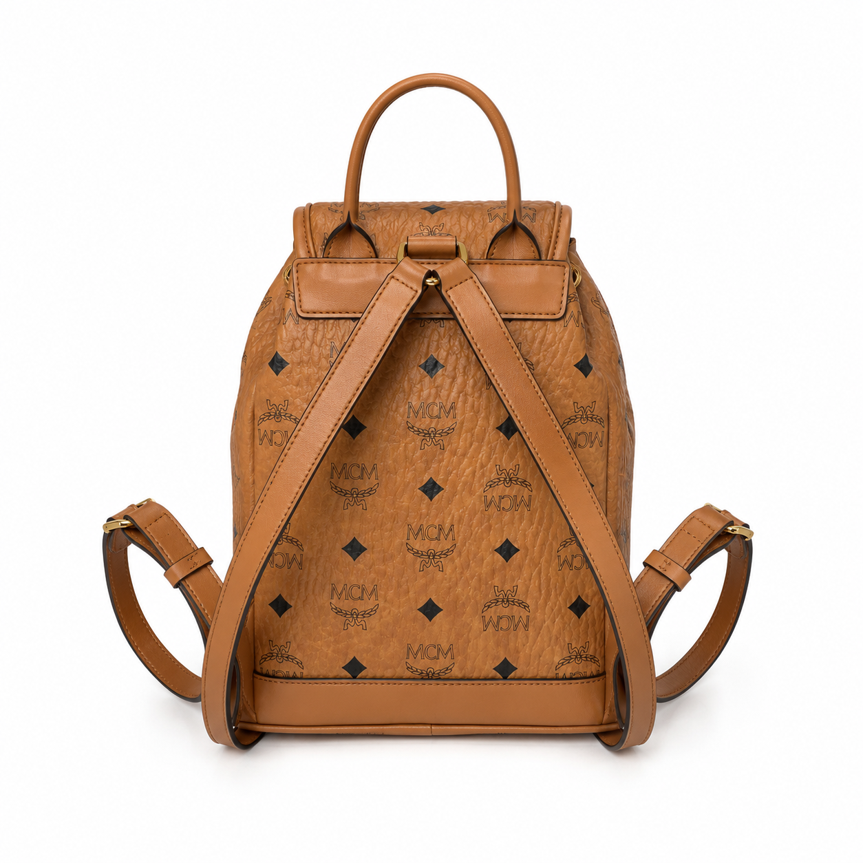 MCM Aren Visetos Drawstring Backpack in Cognac – Classic Monogram Coated Canvas Mini Rucksack with Leather Trim