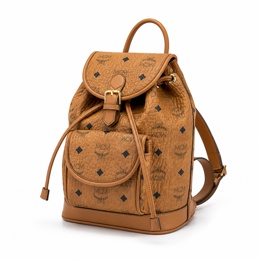 MCM Aren Visetos Drawstring Backpack in Cognac – Classic Monogram Coated Canvas Mini Rucksack with Leather Trim