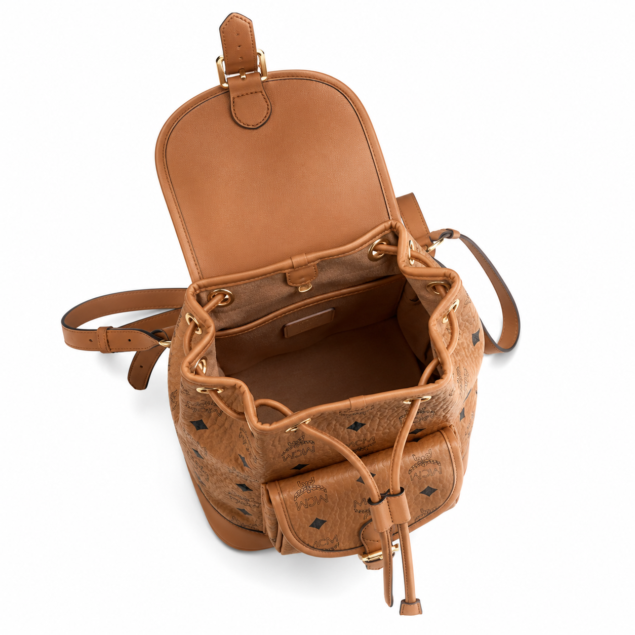 MCM Aren Visetos Drawstring Backpack in Cognac – Classic Monogram Coated Canvas Mini Rucksack with Leather Trim