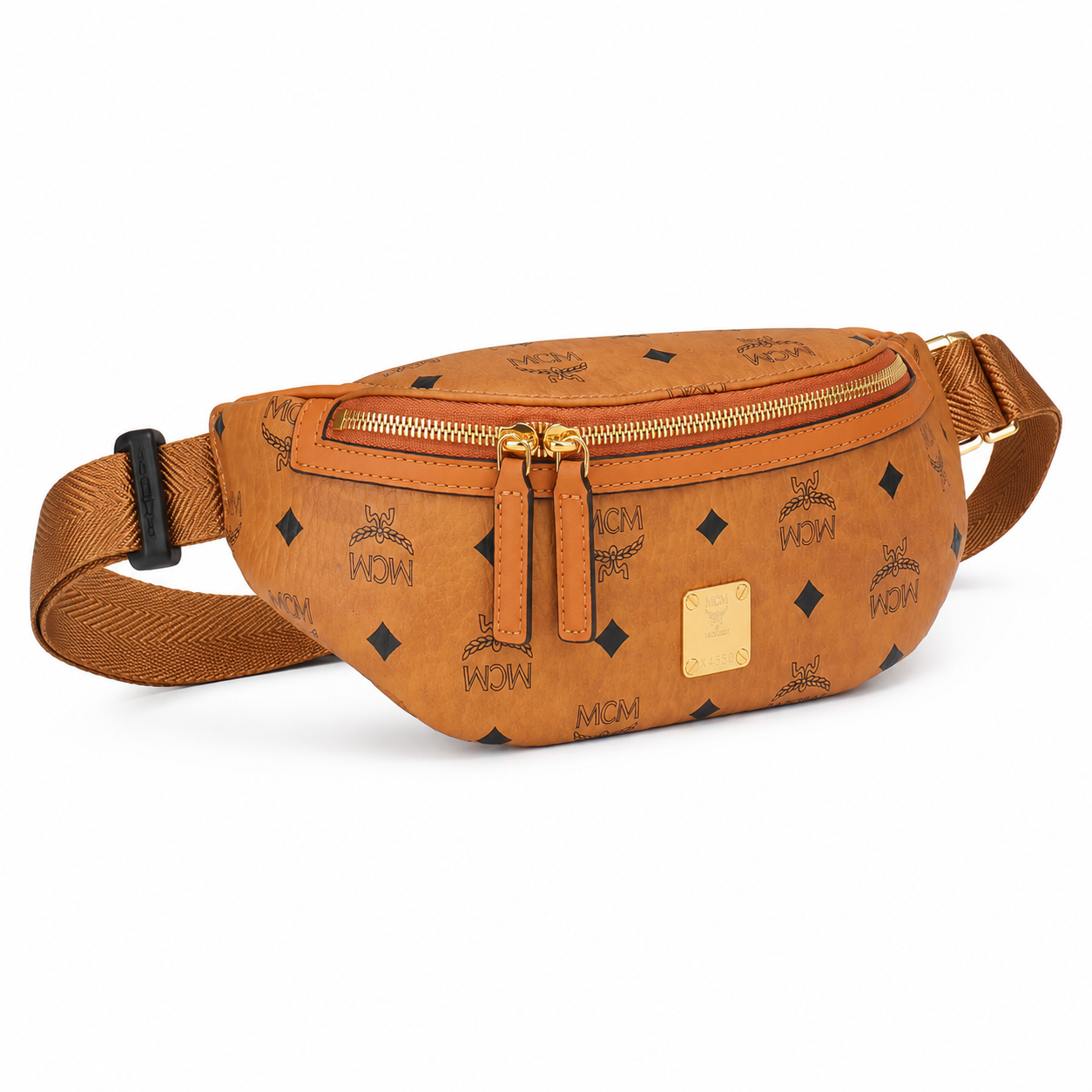MCM Visetos Belt Bag in Cognac – Signature Monogram Coated Canvas Waist Bag with Gold Logo Plaque