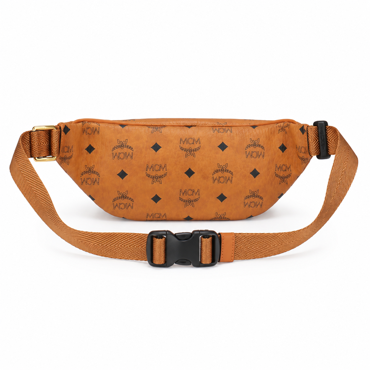 MCM Visetos Belt Bag in Cognac – Signature Monogram Coated Canvas Waist Bag with Gold Logo Plaque