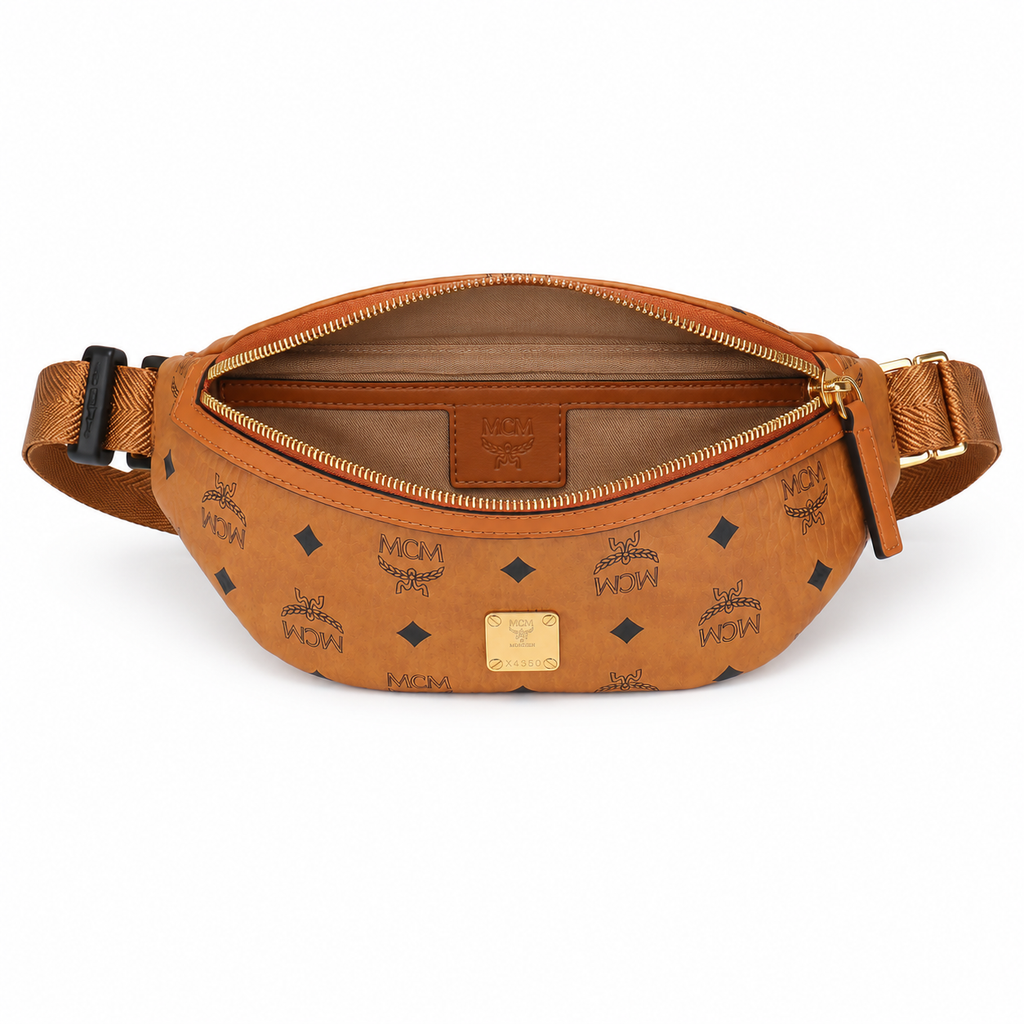 MCM Visetos Belt Bag in Cognac – Signature Monogram Coated Canvas Waist Bag with Gold Logo Plaque