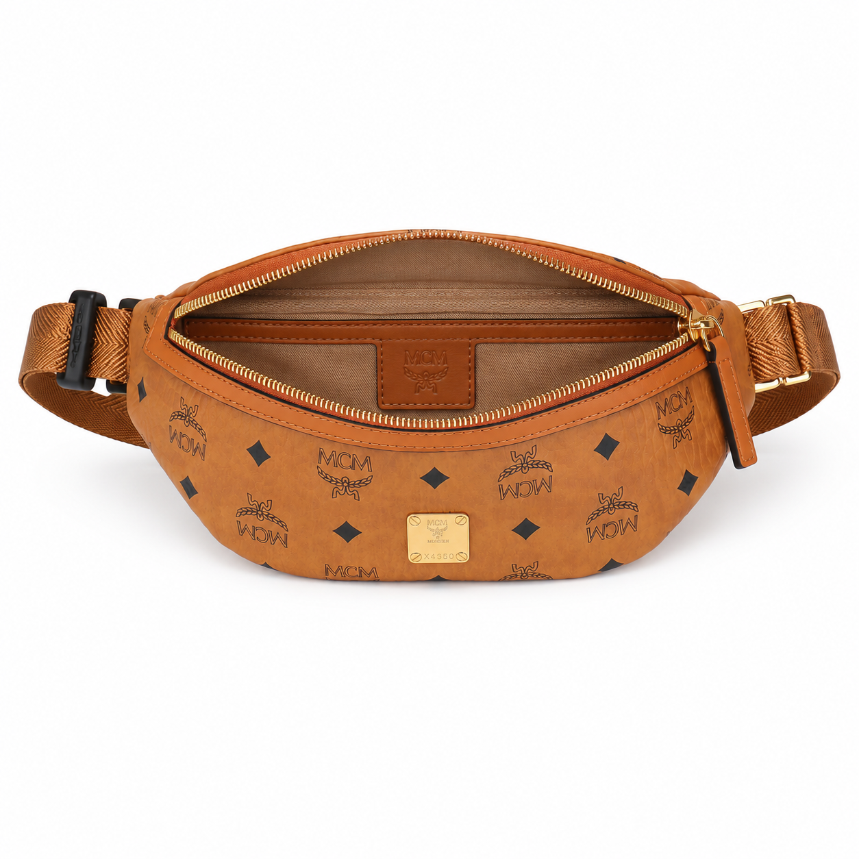 MCM Visetos Belt Bag in Cognac – Signature Monogram Coated Canvas Waist Bag with Gold Logo Plaque