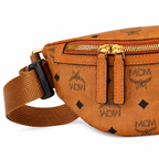 MCM Visetos Belt Bag in Cognac – Signature Monogram Coated Canvas Waist Bag with Gold Logo Plaque