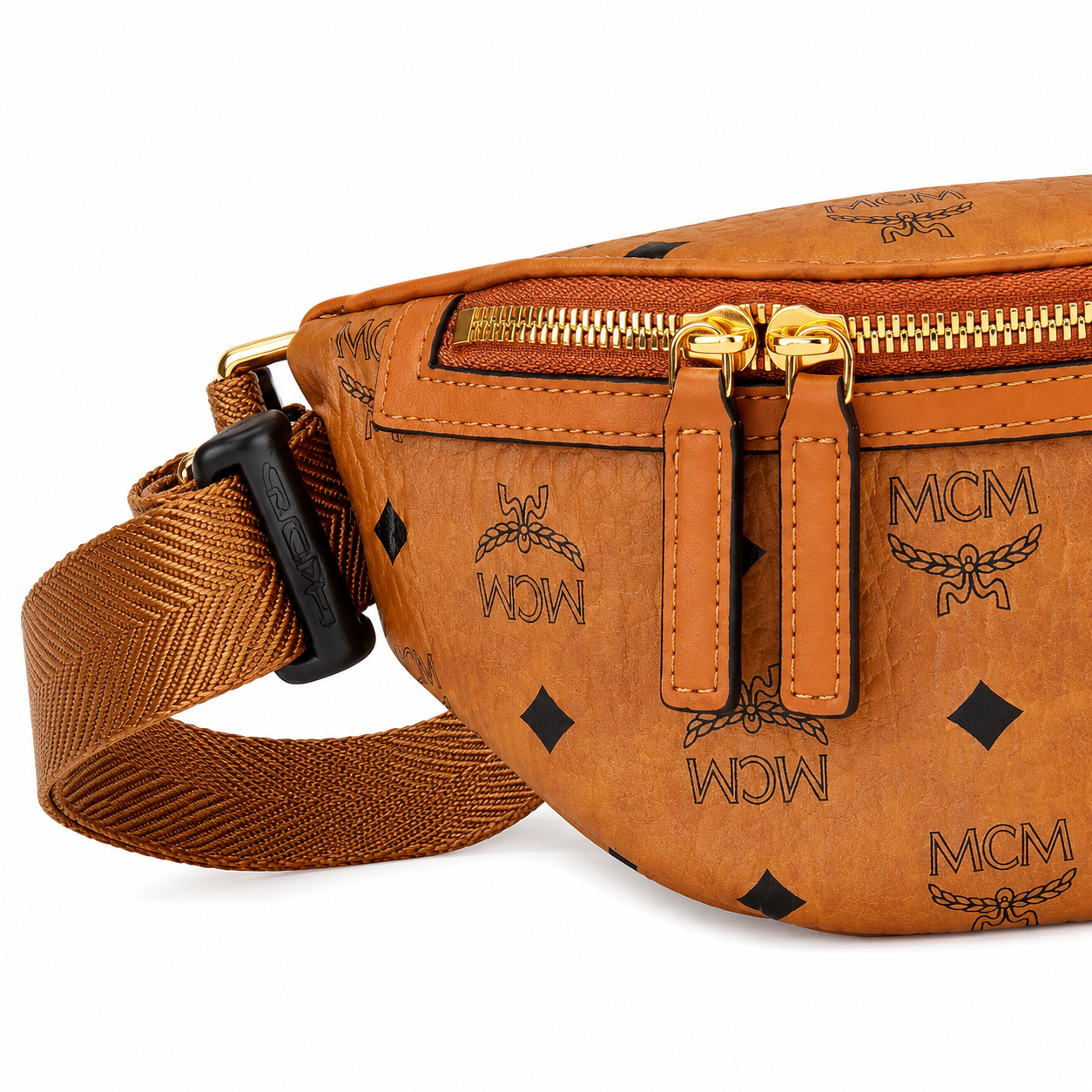 MCM Visetos Belt Bag in Cognac – Signature Monogram Coated Canvas Waist Bag with Gold Logo Plaque