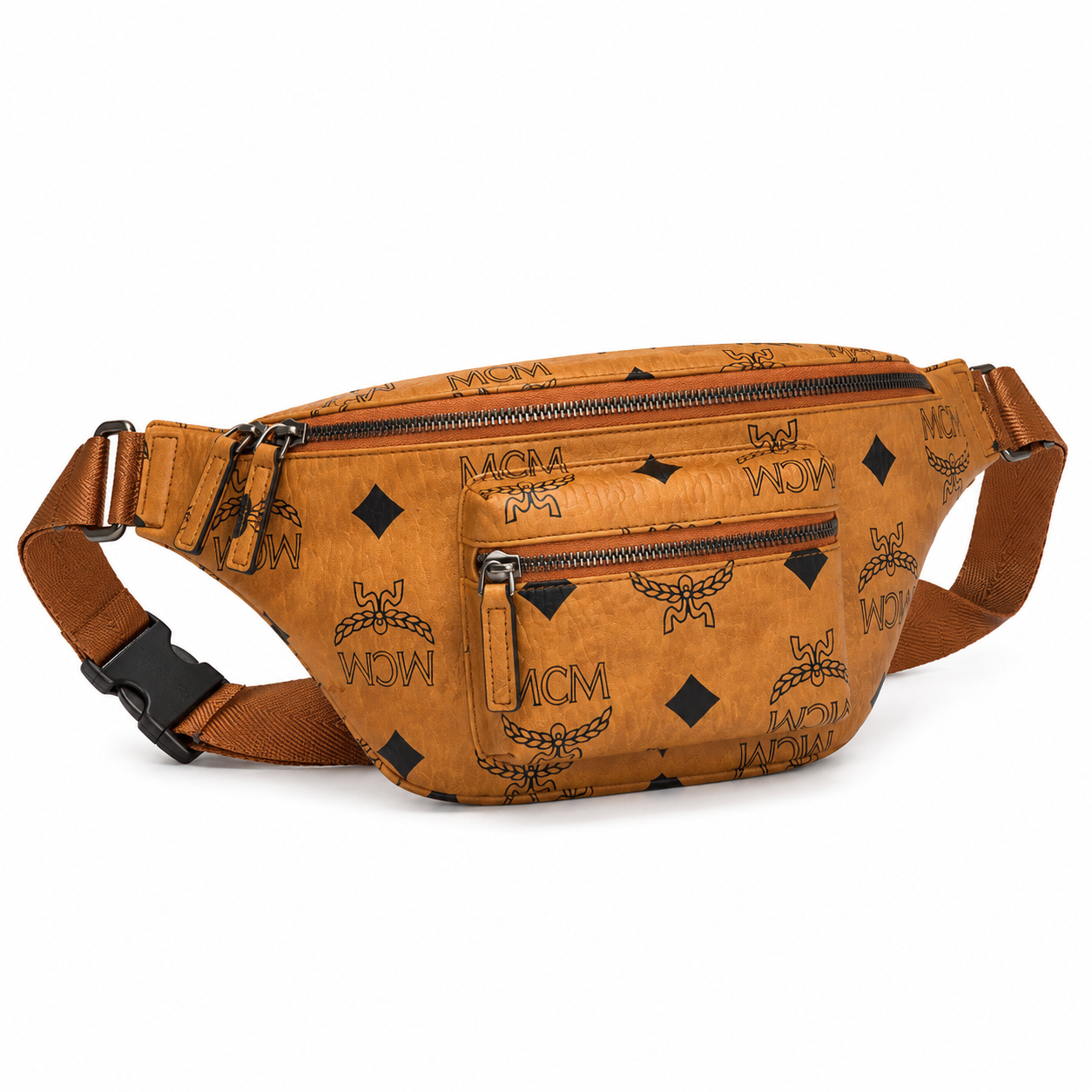 MCM Fursten Maxi Visetos Waist Bag in Cognac – Oversized Monogram Coated Canvas Belt Bag with Front Zip Pocket, 39.5x19x8cm