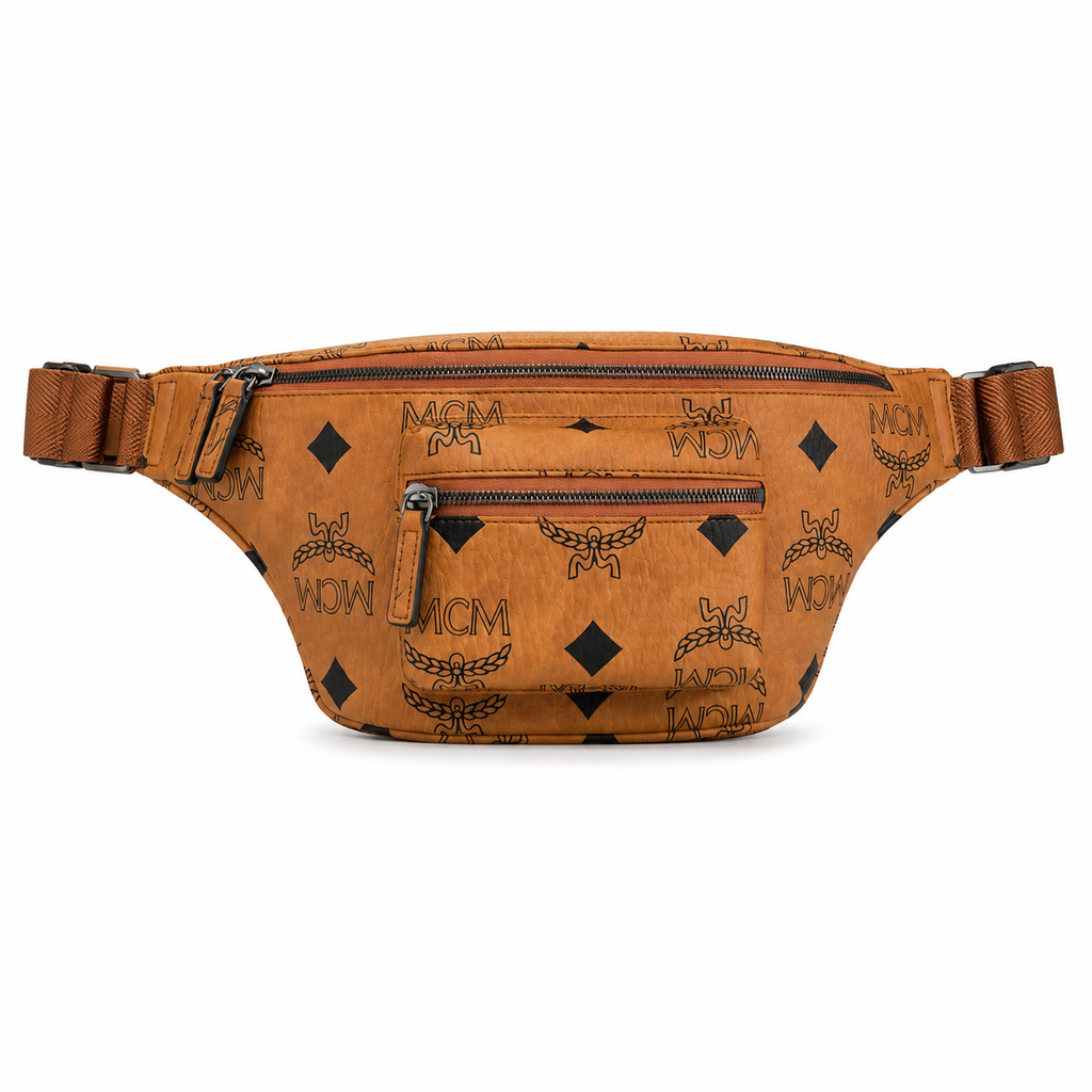MCM Fursten Maxi Visetos Waist Bag in Cognac – Oversized Monogram Coated Canvas Belt Bag with Front Zip Pocket, 39.5x19x8cm