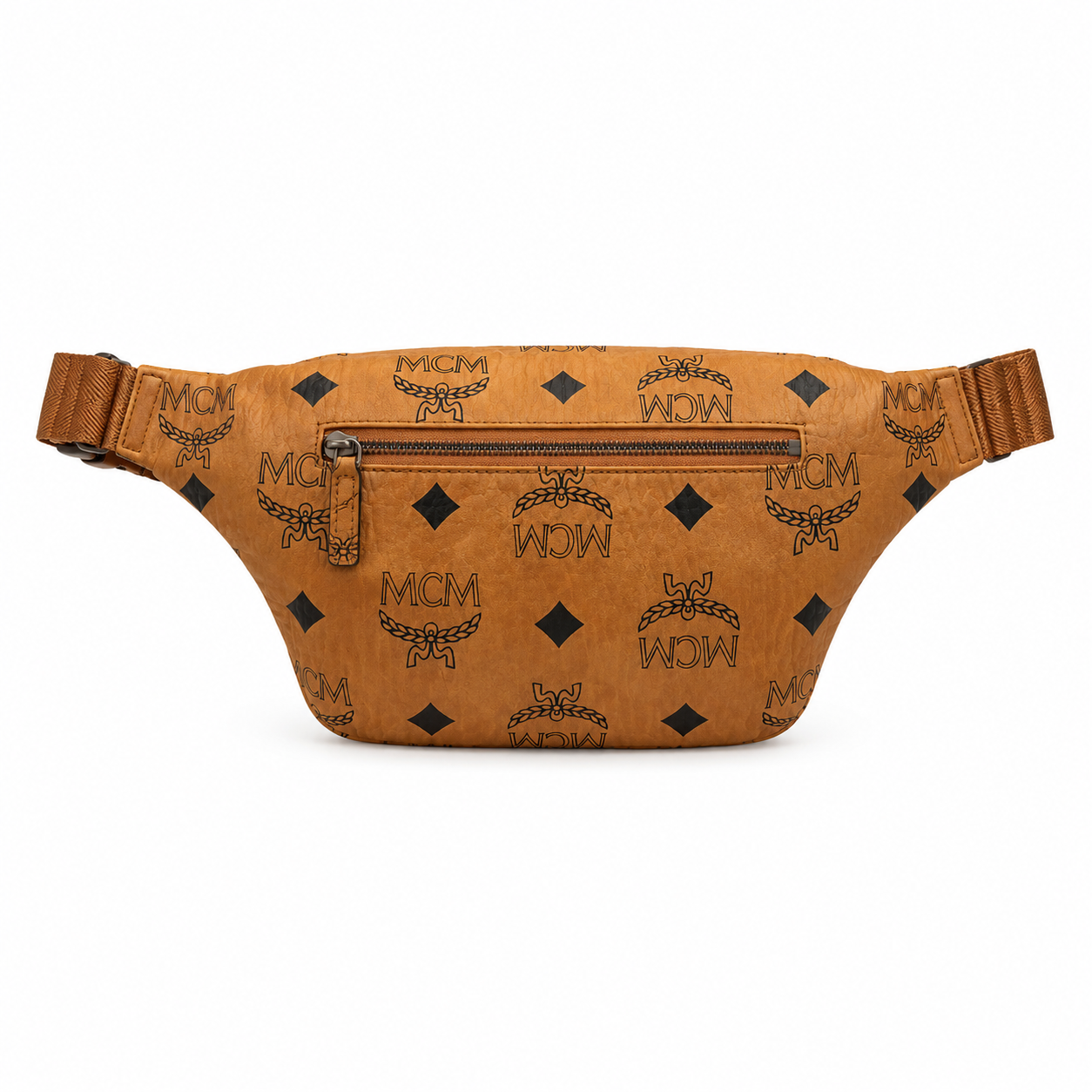 MCM Fursten Maxi Visetos Waist Bag in Cognac – Oversized Monogram Coated Canvas Belt Bag with Front Zip Pocket, 39.5x19x8cm