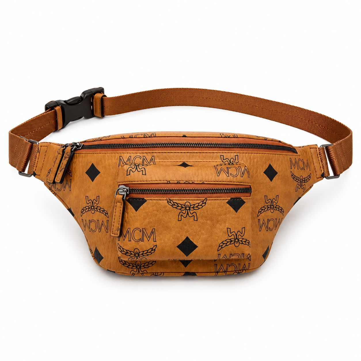 MCM Fursten Maxi Visetos Waist Bag in Cognac – Oversized Monogram Coated Canvas Belt Bag with Front Zip Pocket, 39.5x19x8cm