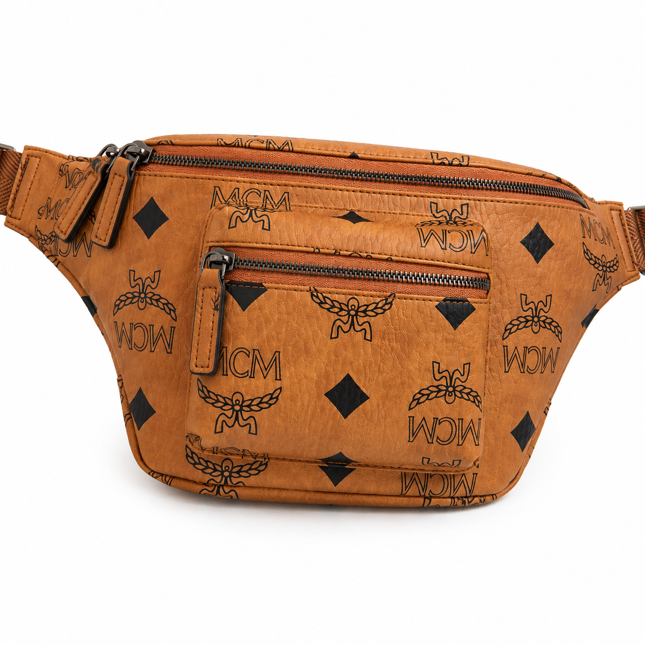 MCM Fursten Maxi Visetos Waist Bag in Cognac – Oversized Monogram Coated Canvas Belt Bag with Front Zip Pocket, 39.5x19x8cm
