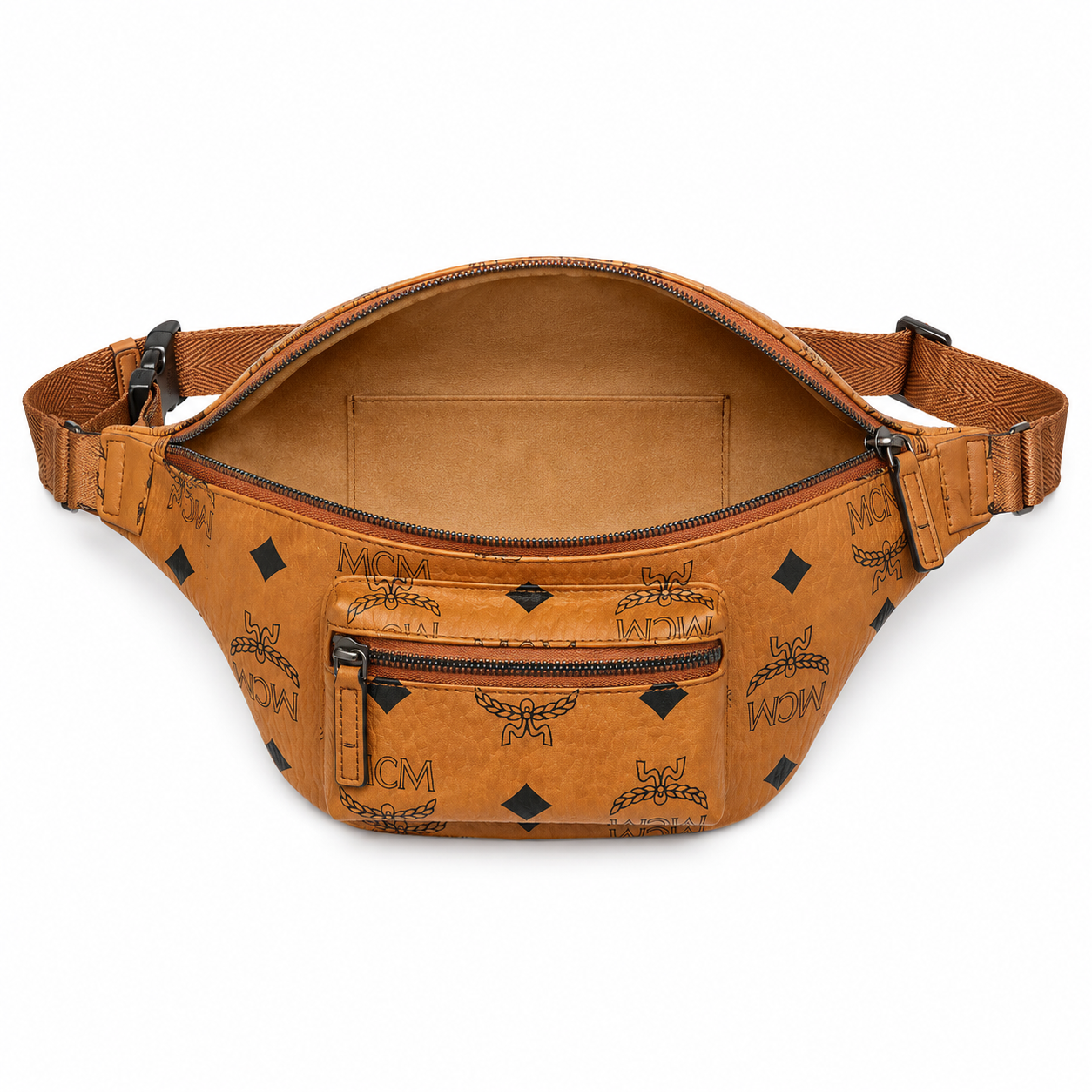 MCM Fursten Maxi Visetos Waist Bag in Cognac – Oversized Monogram Coated Canvas Belt Bag with Front Zip Pocket, 39.5x19x8cm