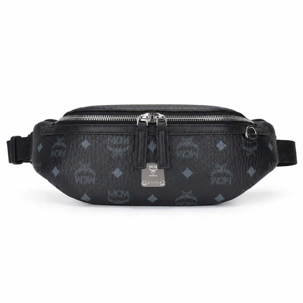 MCM Visetos Belt Bag in Black – Signature Monogram Coated Canvas Waist Bag with Silver Logo Plaque