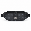 MCM Visetos Belt Bag in Black – Signature Monogram Coated Canvas Waist Bag with Silver Logo Plaque