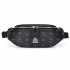 MCM Visetos Belt Bag in Black – Signature Monogram Coated Canvas Waist Bag with Silver Logo Plaque