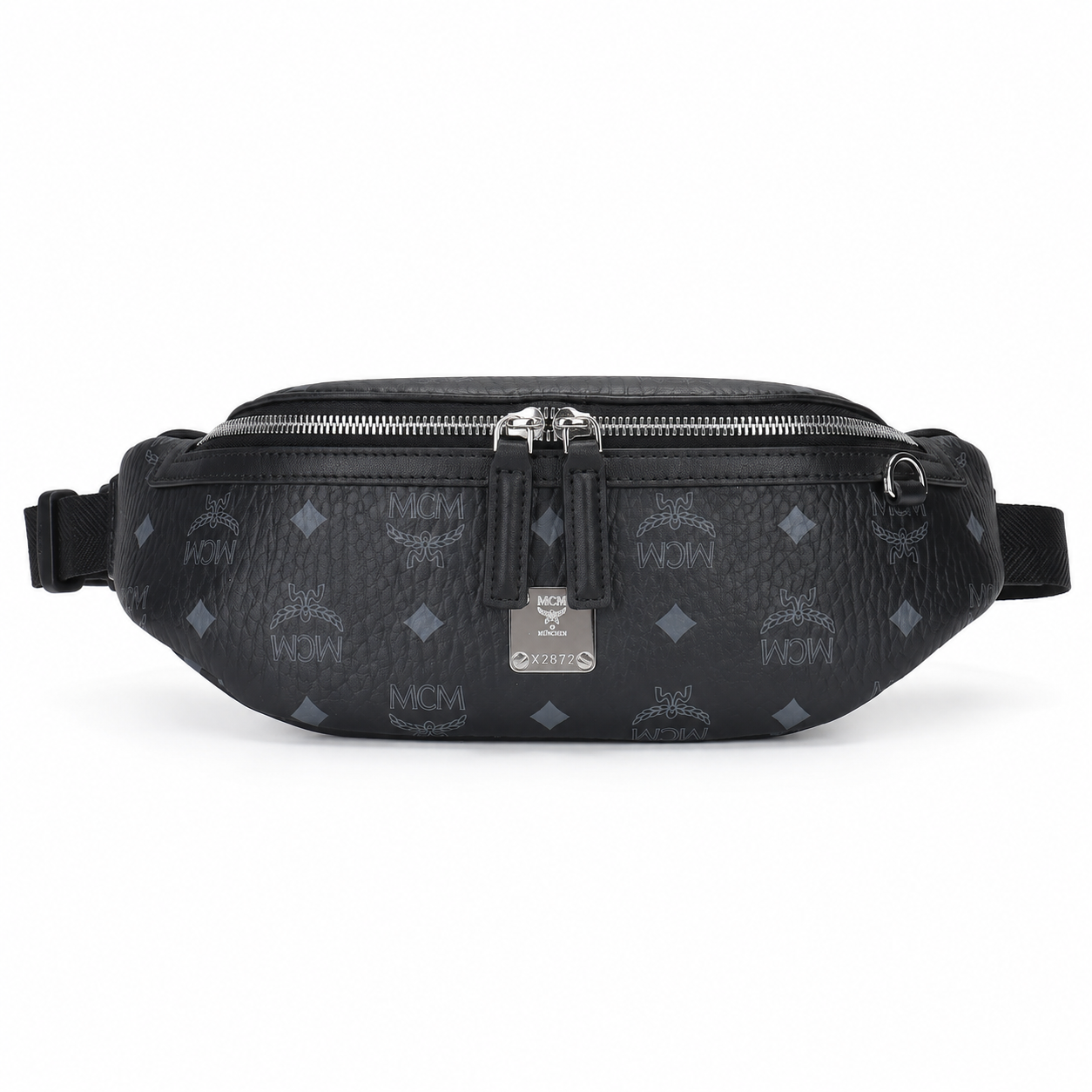 MCM Visetos Belt Bag in Black – Signature Monogram Coated Canvas Waist Bag with Silver Logo Plaque