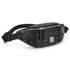 MCM Visetos Belt Bag in Black – Signature Monogram Coated Canvas Waist Bag with Silver Logo Plaque