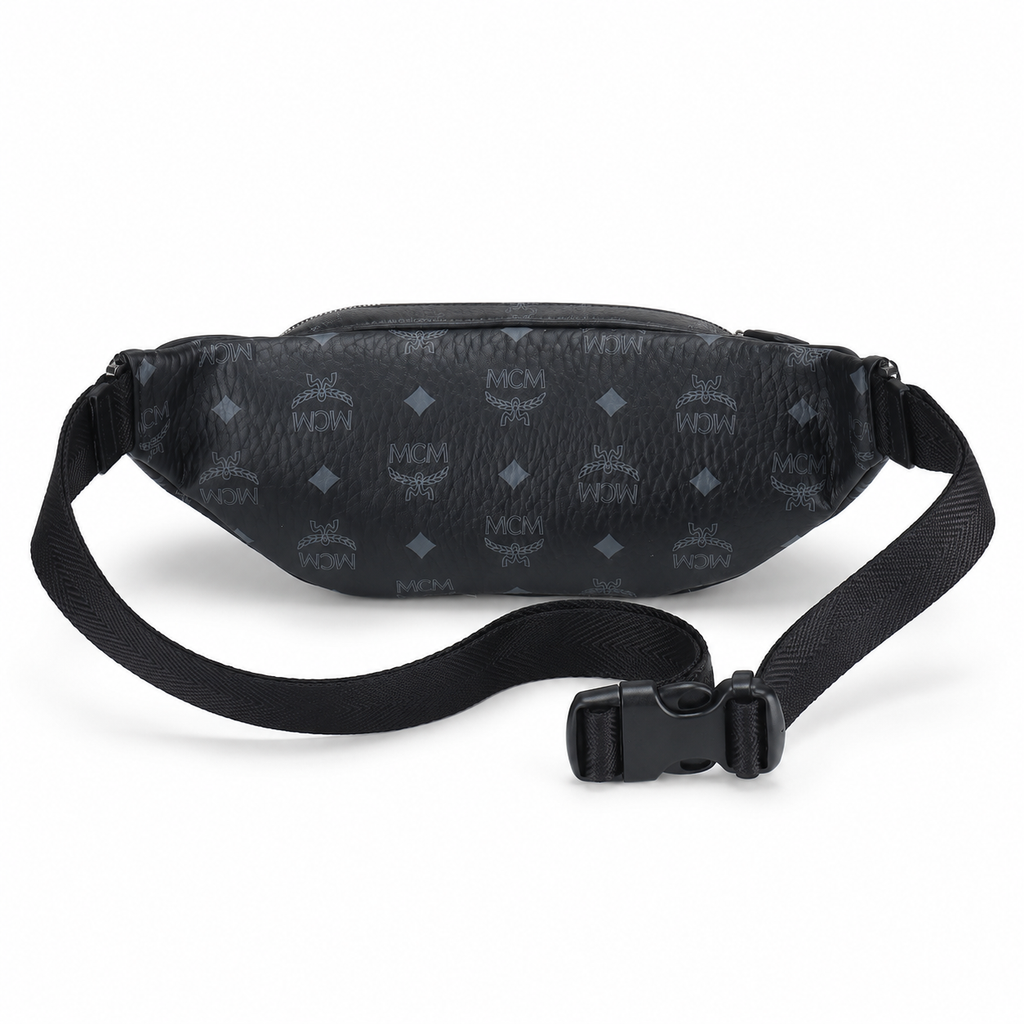 MCM Visetos Belt Bag in Black – Signature Monogram Coated Canvas Waist Bag with Silver Logo Plaque
