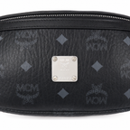 MCM Visetos Belt Bag in Black – Signature Monogram Coated Canvas Waist Bag with Silver Logo Plaque