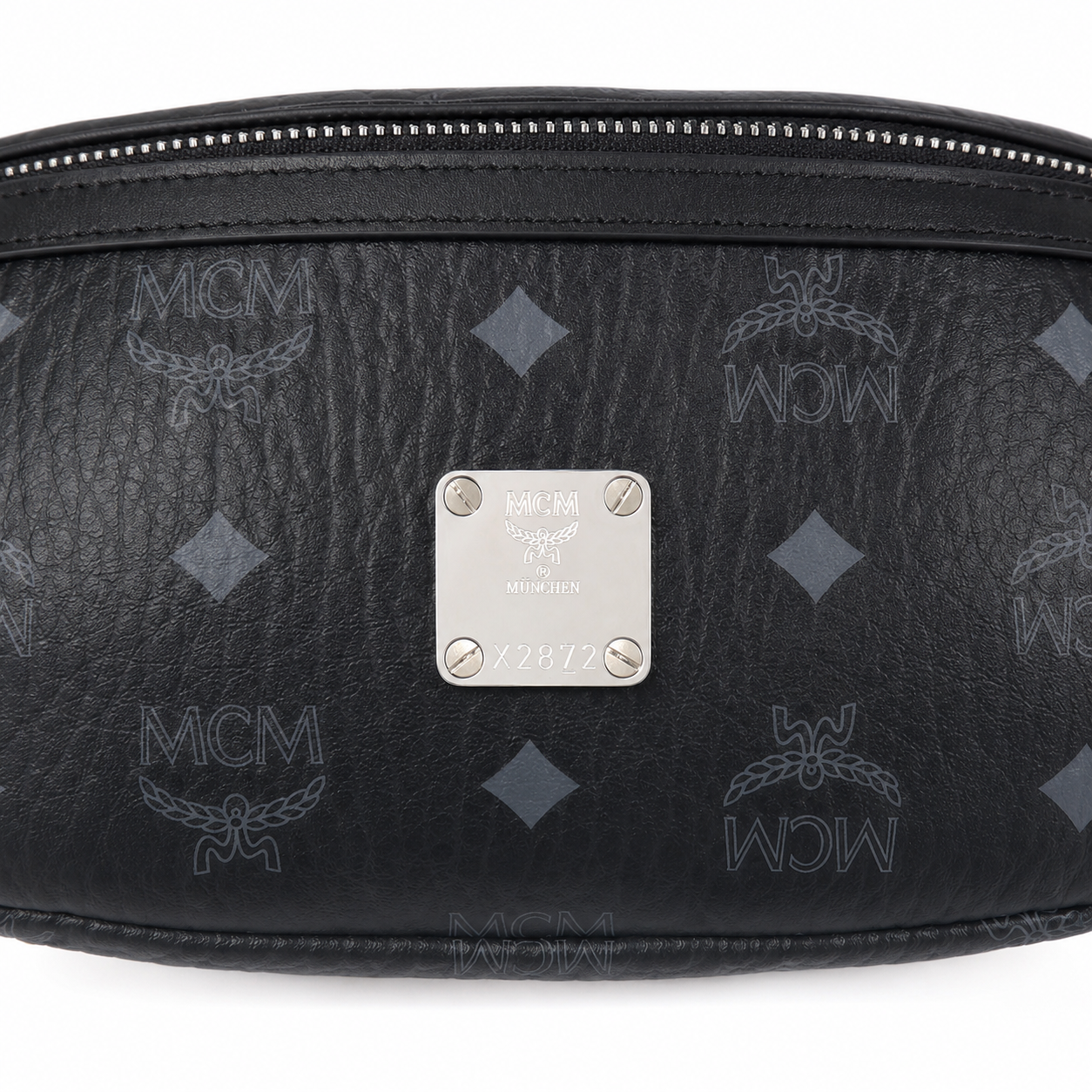 MCM Visetos Belt Bag in Black – Signature Monogram Coated Canvas Waist Bag with Silver Logo Plaque