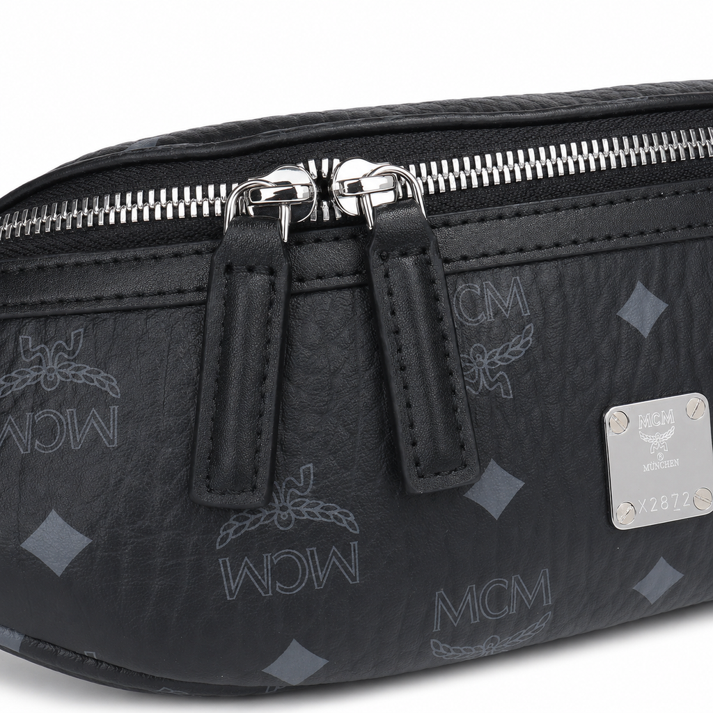 MCM Visetos Belt Bag in Black – Signature Monogram Coated Canvas Waist Bag with Silver Logo Plaque