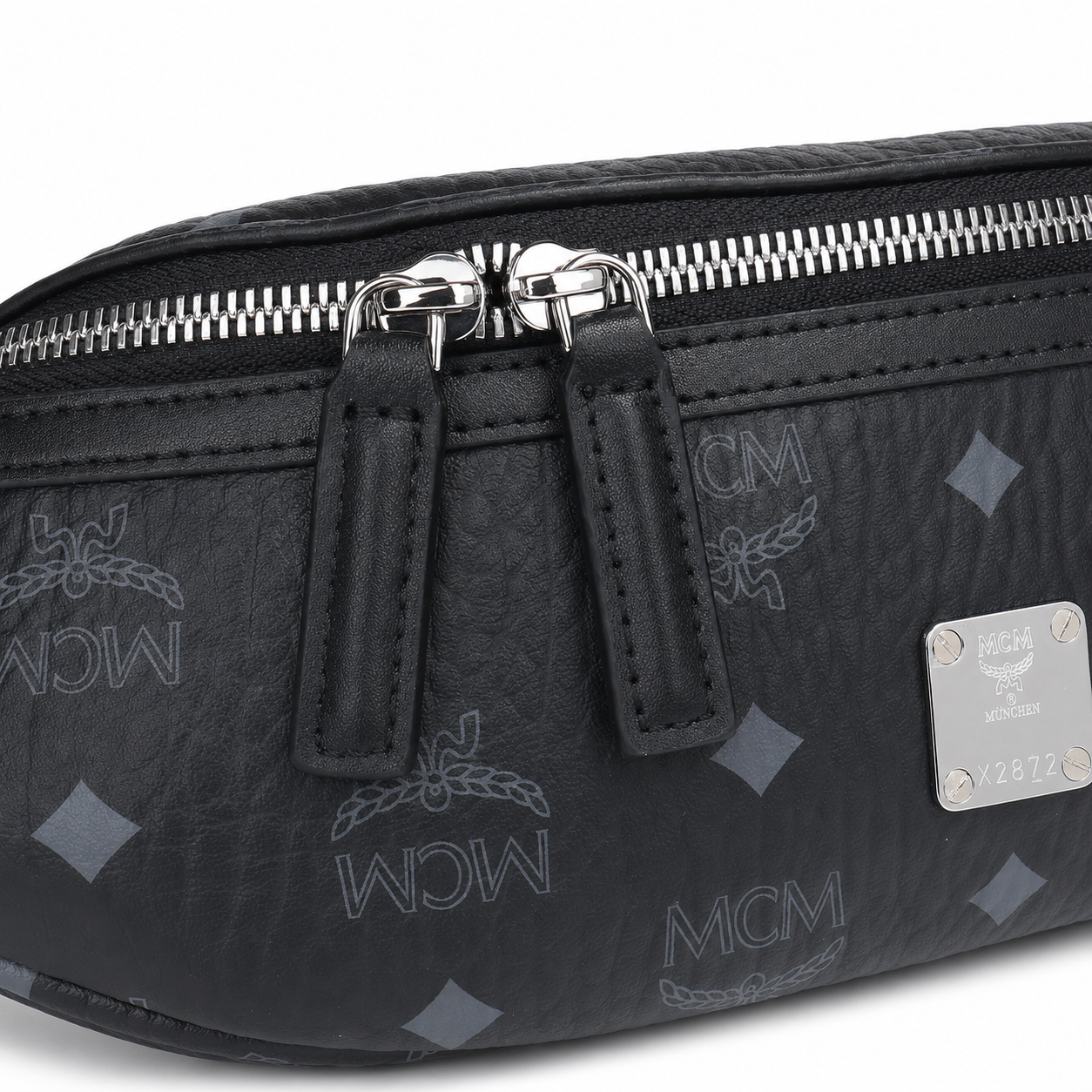 MCM Visetos Belt Bag in Black – Signature Monogram Coated Canvas Waist Bag with Silver Logo Plaque