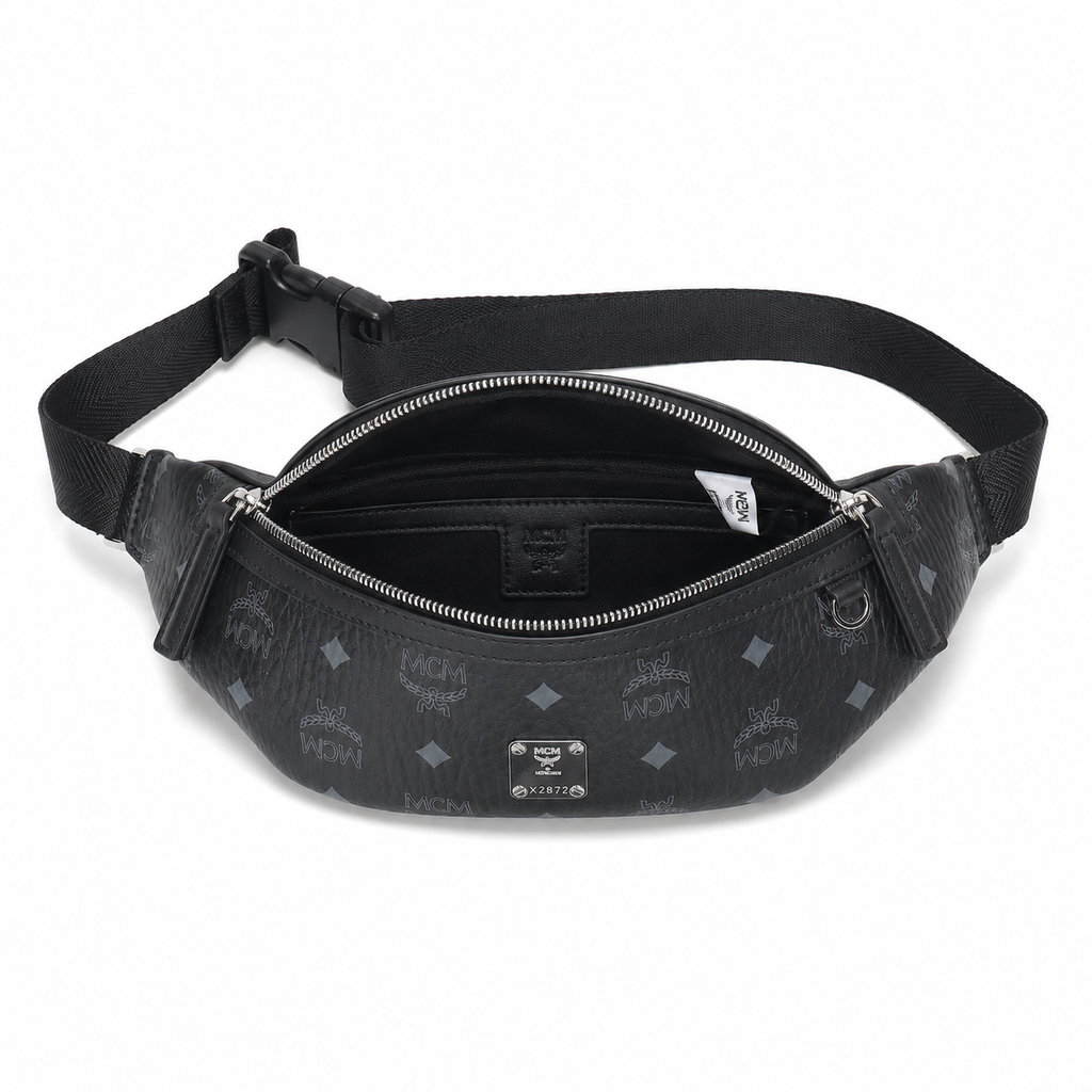 MCM Visetos Belt Bag in Black – Signature Monogram Coated Canvas Waist Bag with Silver Logo Plaque