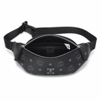 MCM Visetos Belt Bag in Black – Signature Monogram Coated Canvas Waist Bag with Silver Logo Plaque