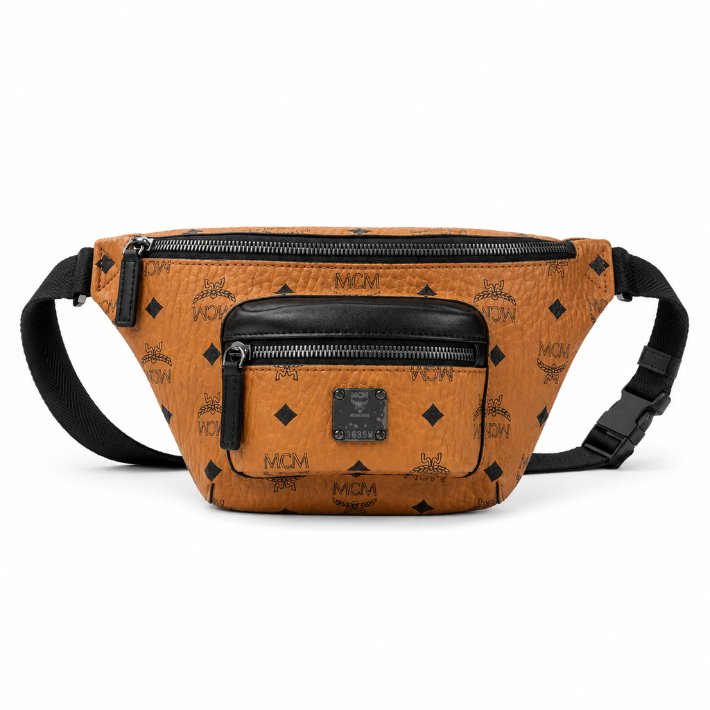 MCM Fursten Visetos Waist Bag in Cognac – Monogram Coated Canvas Belt Bag with Front Zip Pocket & Silver Plaque, 28.5x12.5x5.5cm