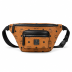 MCM Fursten Visetos Waist Bag in Cognac – Monogram Coated Canvas Belt Bag with Front Zip Pocket & Silver Plaque, 28.5x12.5x5.5cm