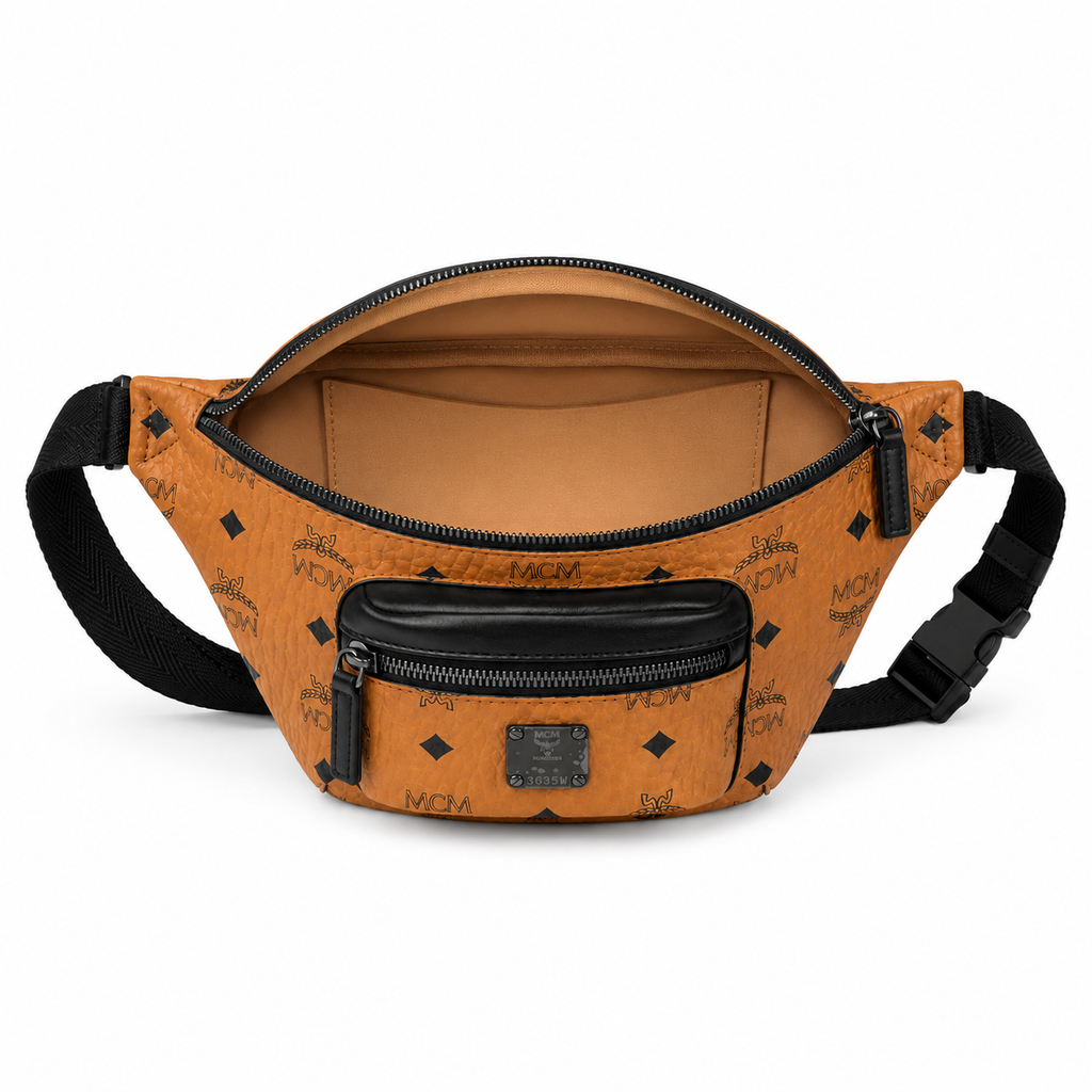 MCM Fursten Visetos Waist Bag in Cognac – Monogram Coated Canvas Belt Bag with Front Zip Pocket & Silver Plaque, 28.5x12.5x5.5cm