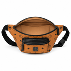 MCM Fursten Visetos Waist Bag in Cognac – Monogram Coated Canvas Belt Bag with Front Zip Pocket & Silver Plaque, 28.5x12.5x5.5cm