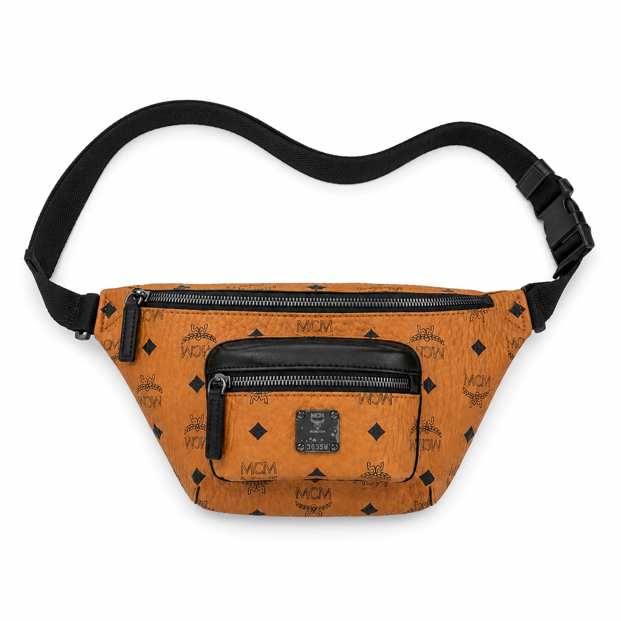 MCM Fursten Visetos Waist Bag in Cognac – Monogram Coated Canvas Belt Bag with Front Zip Pocket & Silver Plaque, 28.5x12.5x5.5cm